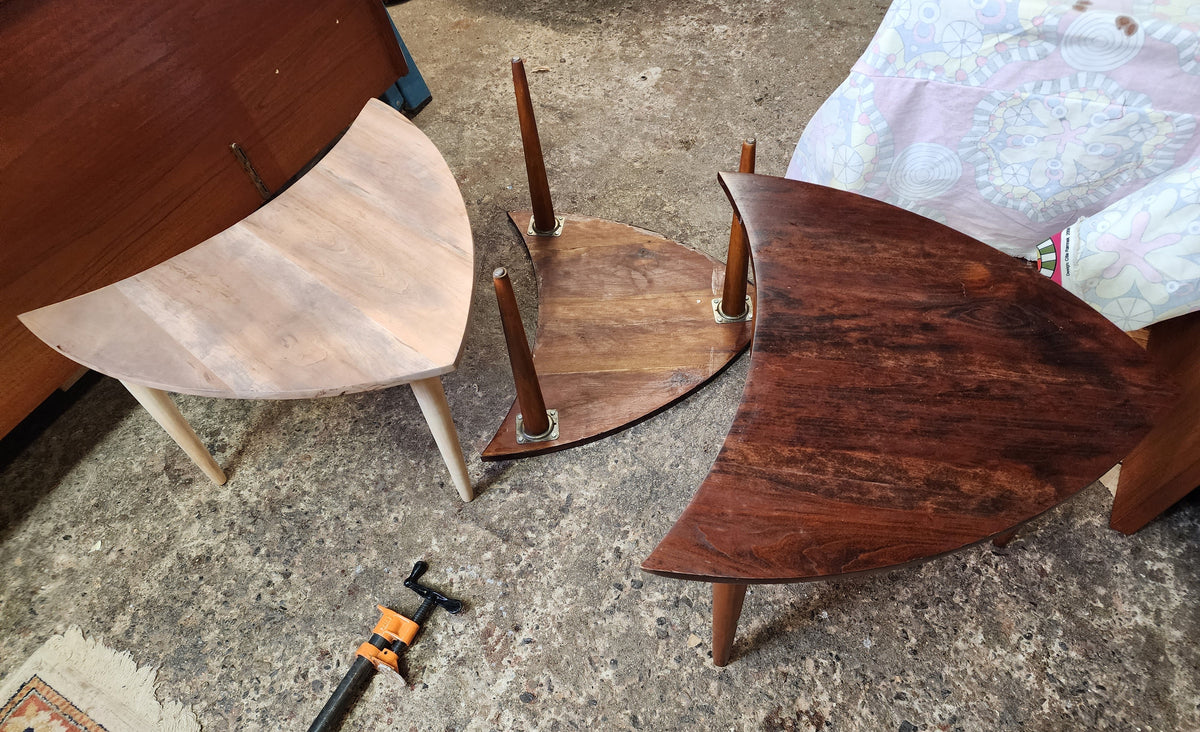 REFINISHED Mid Century Modern segmented triangular accent tables, set of 3