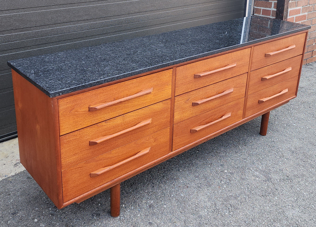 REFINISHED Mid-Century Modern Teak Dresser 9 drawers w Granite Top