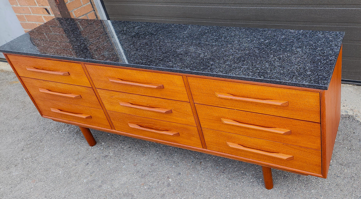 REFINISHED Mid-Century Modern Teak Dresser 9 drawers w Granite Top