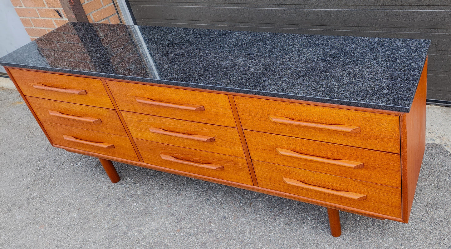 REFINISHED Mid-Century Modern Teak Dresser 9 drawers w Granite Top