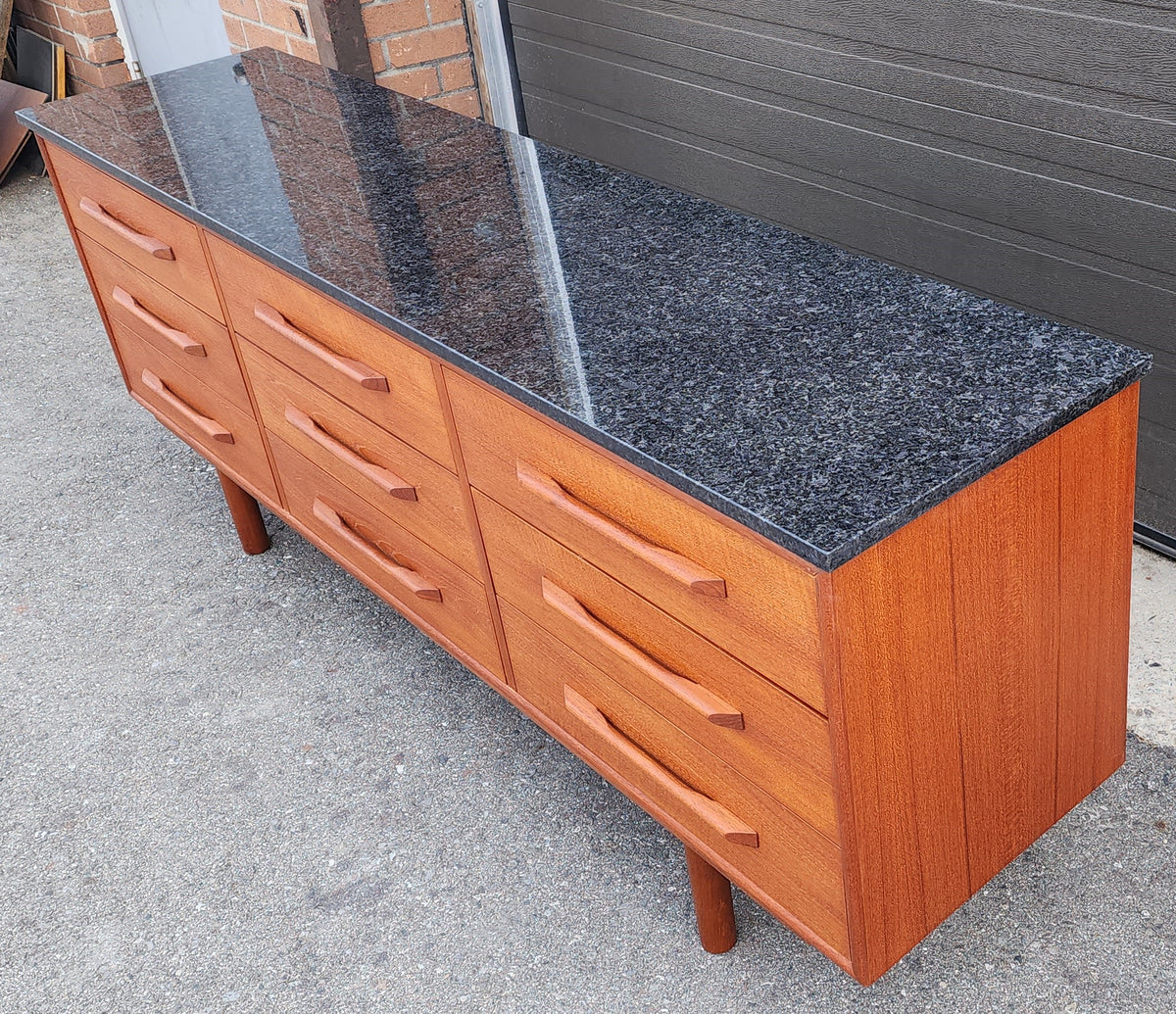REFINISHED Mid-Century Modern Teak Dresser 9 drawers w Granite Top