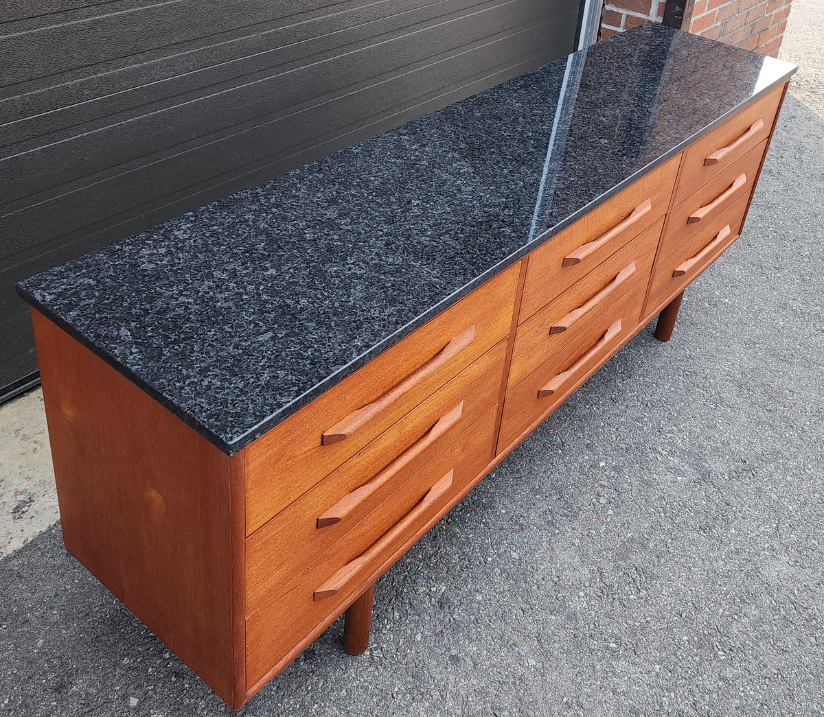 REFINISHED Mid-Century Modern Teak Dresser 9 drawers w Granite Top