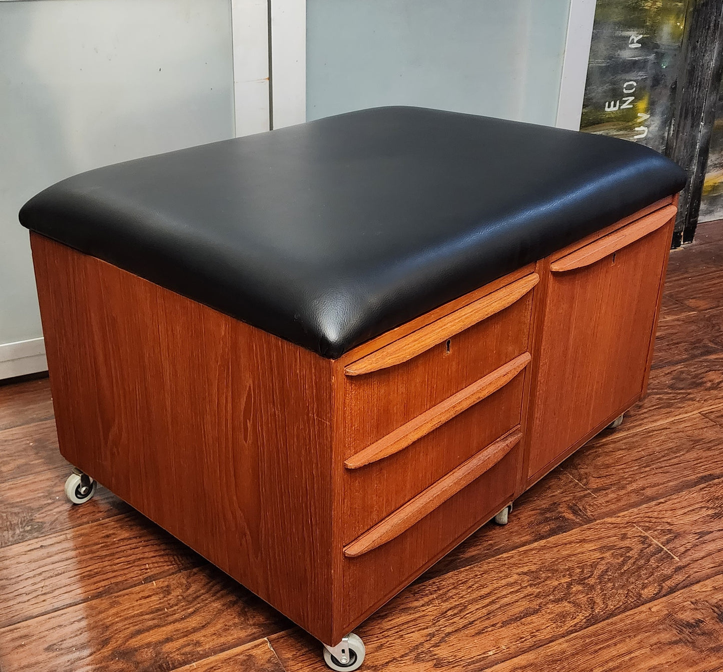 REFINISHED Danish MCM Teak Storage Bench w Drawers & Wheels, will get NEW Cushion