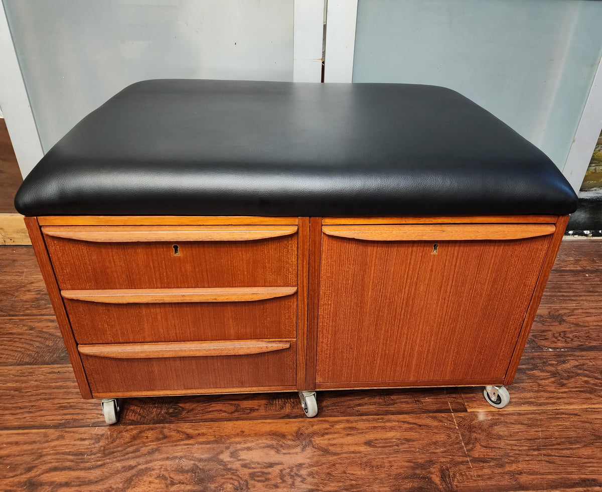 REFINISHED Danish MCM Teak Storage Bench w Drawers & Wheels, will get NEW Cushion