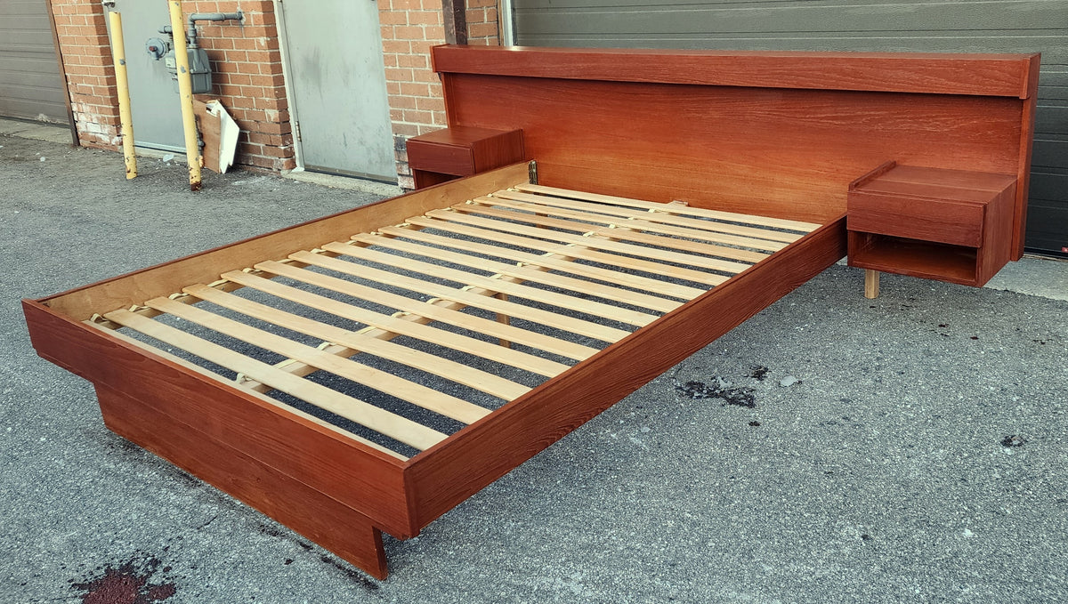 REFINISHED Mid Century Modern Teak Bed Queen w Floating Nightstands & Lighting