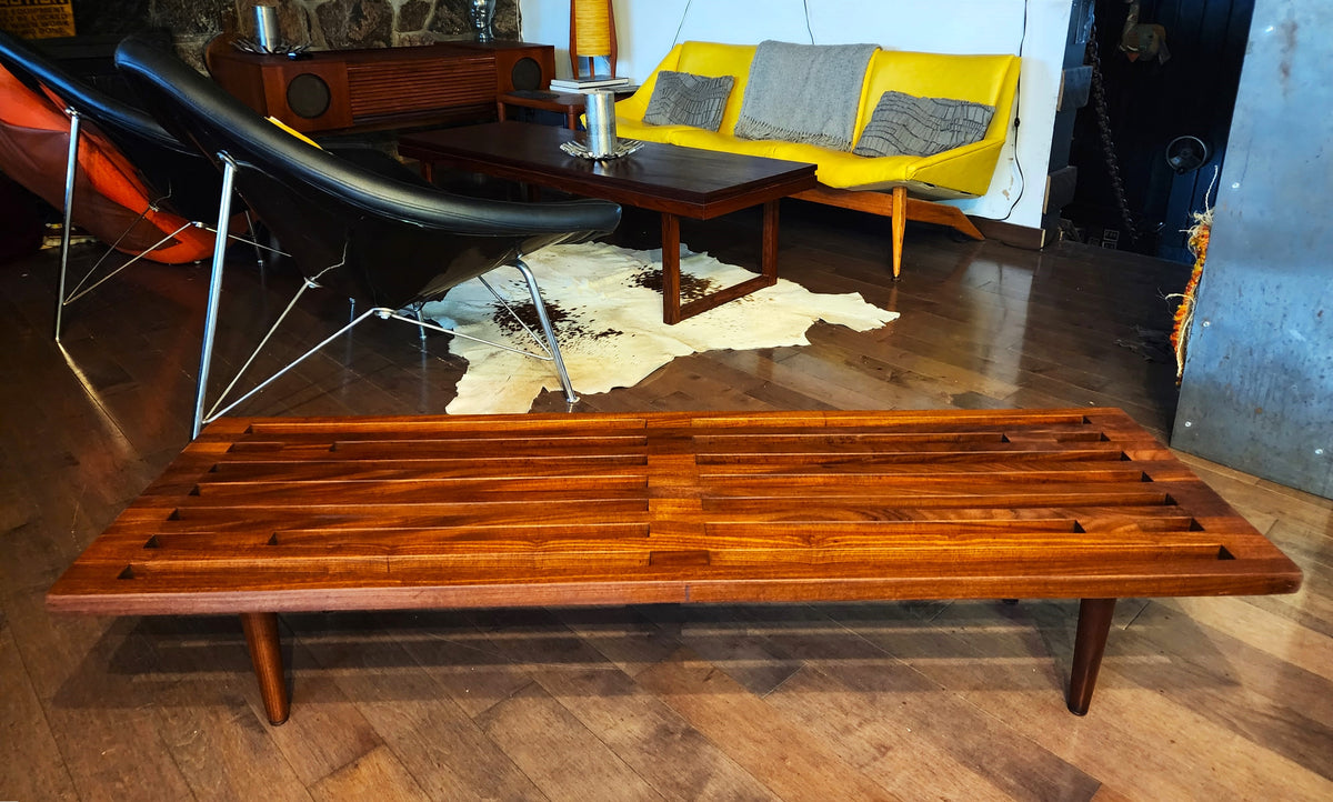 REFINISHED Mid Century Modern Solid Teak Slatted Bench or Coffee Table 60