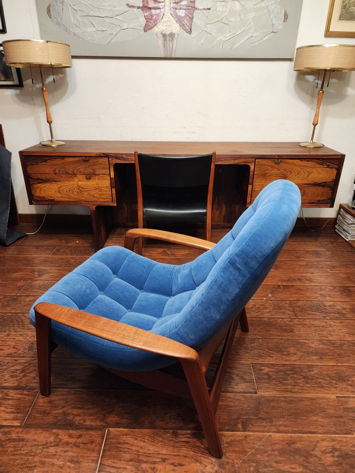 Will be REFINISHED REUPHOLSTERED MCM Teak Scoop Lounge Chair by Huber