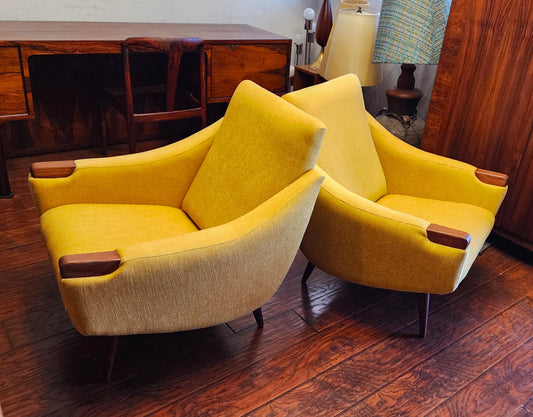 Choose fabric*** REFINISHED Danish Mid Century Modern Lounge Chairs with Teak Paws & Legs, Set of 2
