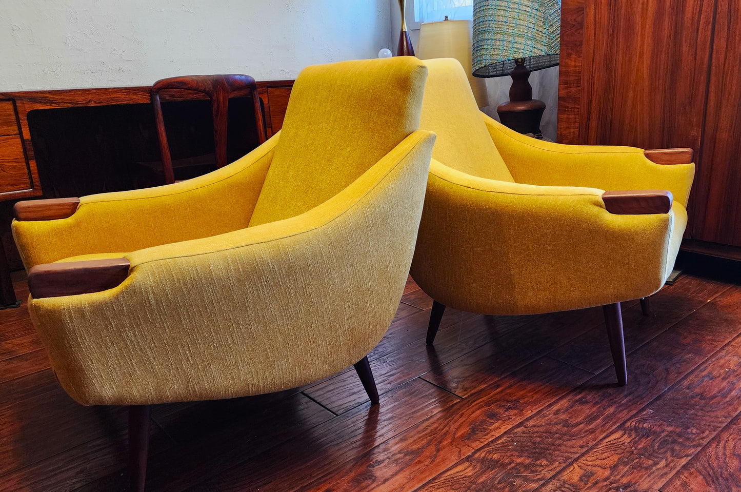 Choose fabric*** REFINISHED Danish Mid Century Modern Lounge Chairs with Teak Paws & Legs, Set of 2