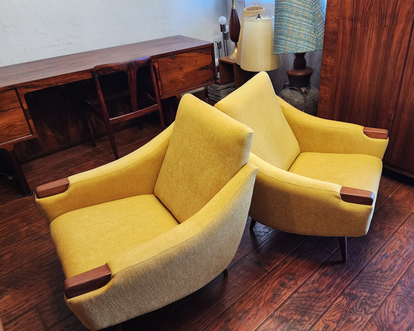 Choose fabric*** REFINISHED Danish Mid Century Modern Lounge Chairs with Teak Paws & Legs, Set of 2