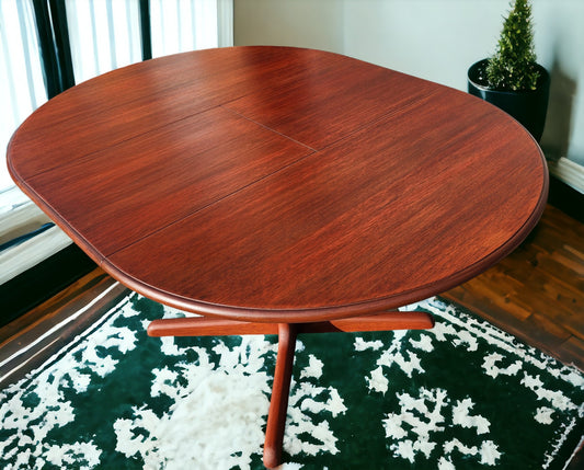 REFINISHED Mid Century Modern Teak Dining Table Round w Self Storing Leaf
