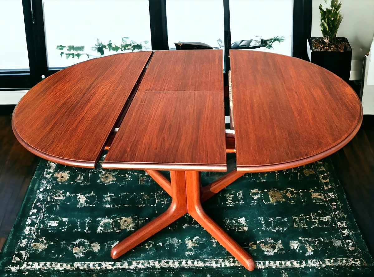 REFINISHED Mid Century Modern Teak Dining Table Round w Self Storing Leaf