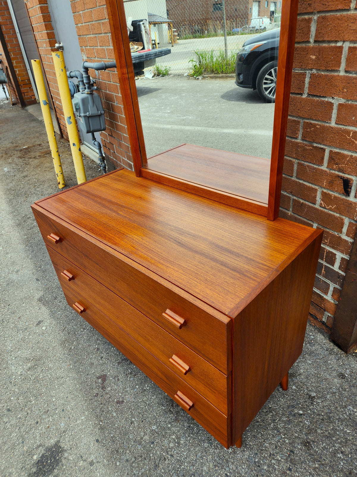 REFINISHED Danish Mid Century Modern Teak Cabinet with Drawers & Mirror