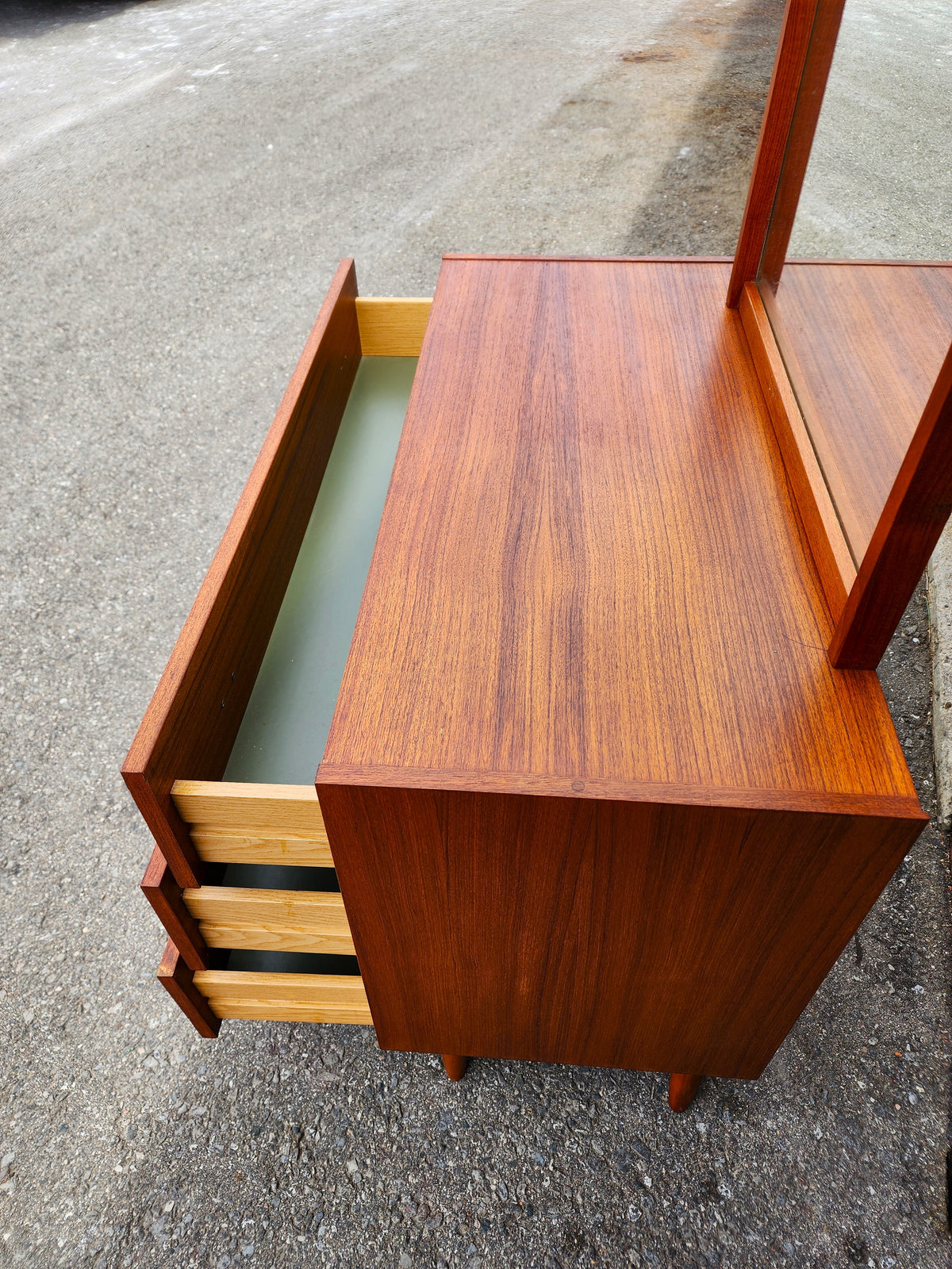 REFINISHED Danish Mid Century Modern Teak Cabinet with Drawers & Mirror