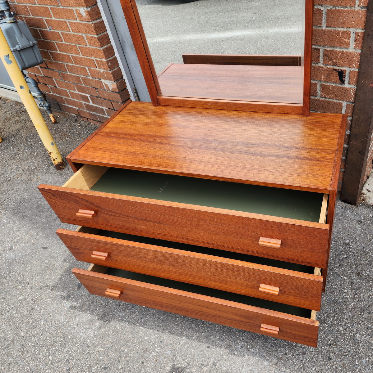 REFINISHED Danish Mid Century Modern Teak Cabinet with Drawers & Mirror