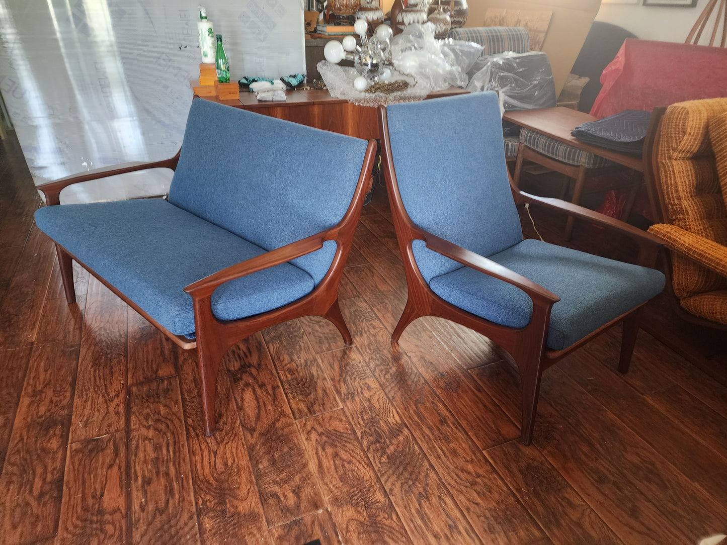 Choose fabric! REFINISHED Mid-Century Modern Teak Loveseat & Lounge Chair by R.Huber