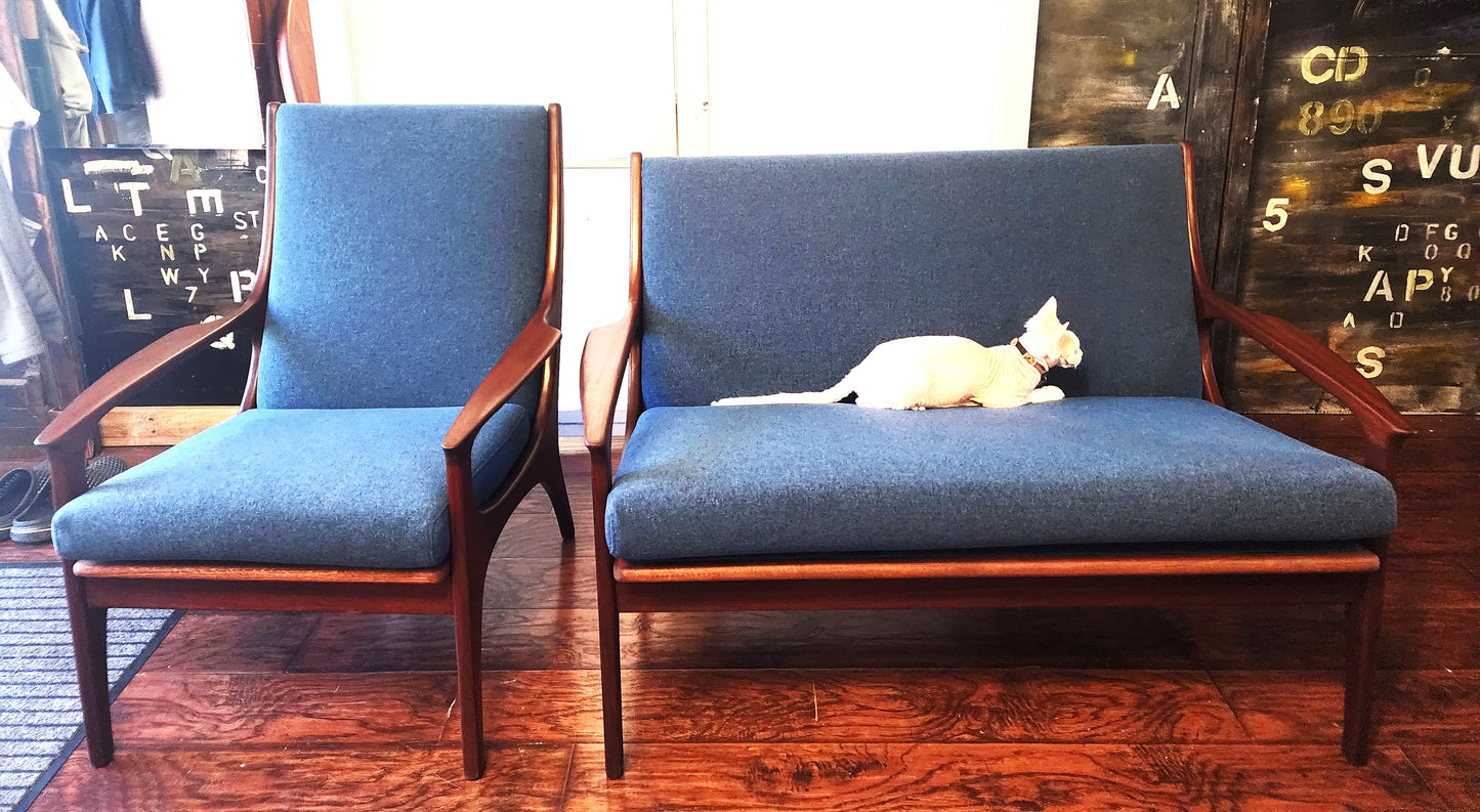 Choose fabric! REFINISHED Mid-Century Modern Teak Loveseat & Lounge Chair by R.Huber