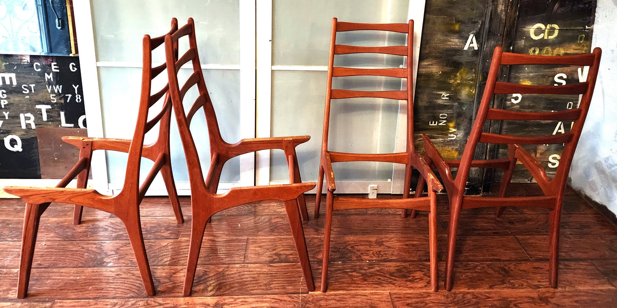 4 REUPHOLSTERED & REFINISHED Danish Mid Century Modern Teak Ladderback Chairs