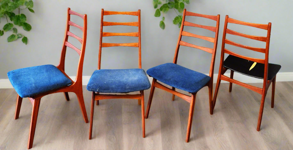 4 REUPHOLSTERED & REFINISHED Danish Mid Century Modern Teak Ladderback Chairs