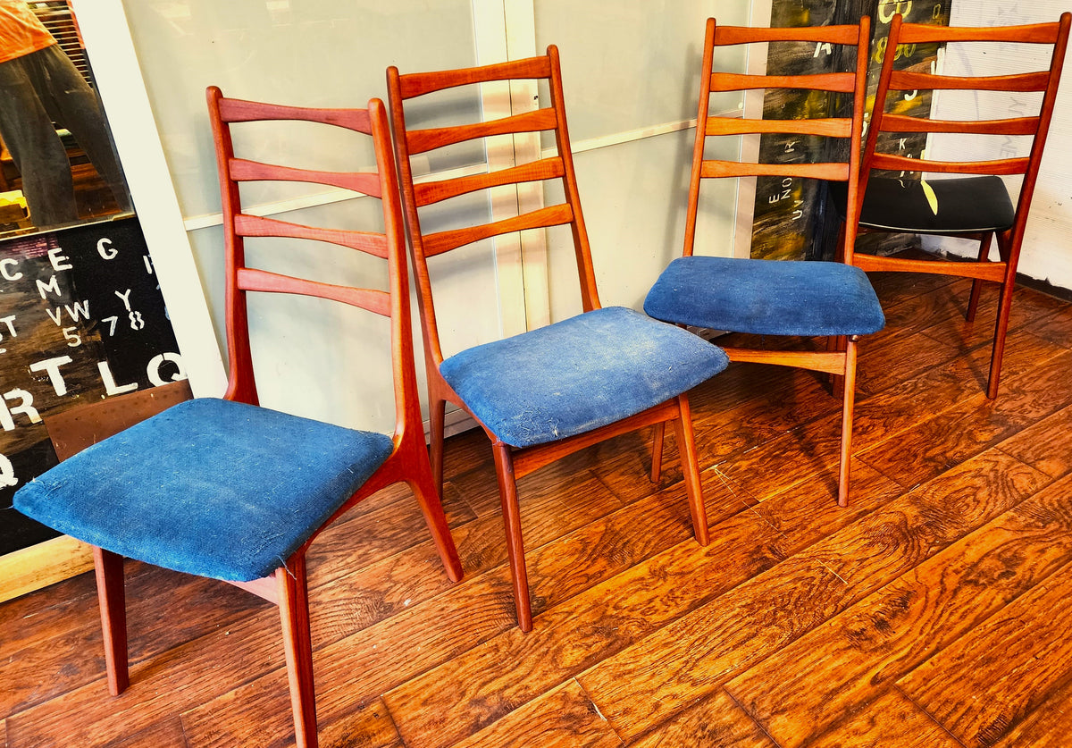 4 REUPHOLSTERED & REFINISHED Danish Mid Century Modern Teak Ladderback Chairs