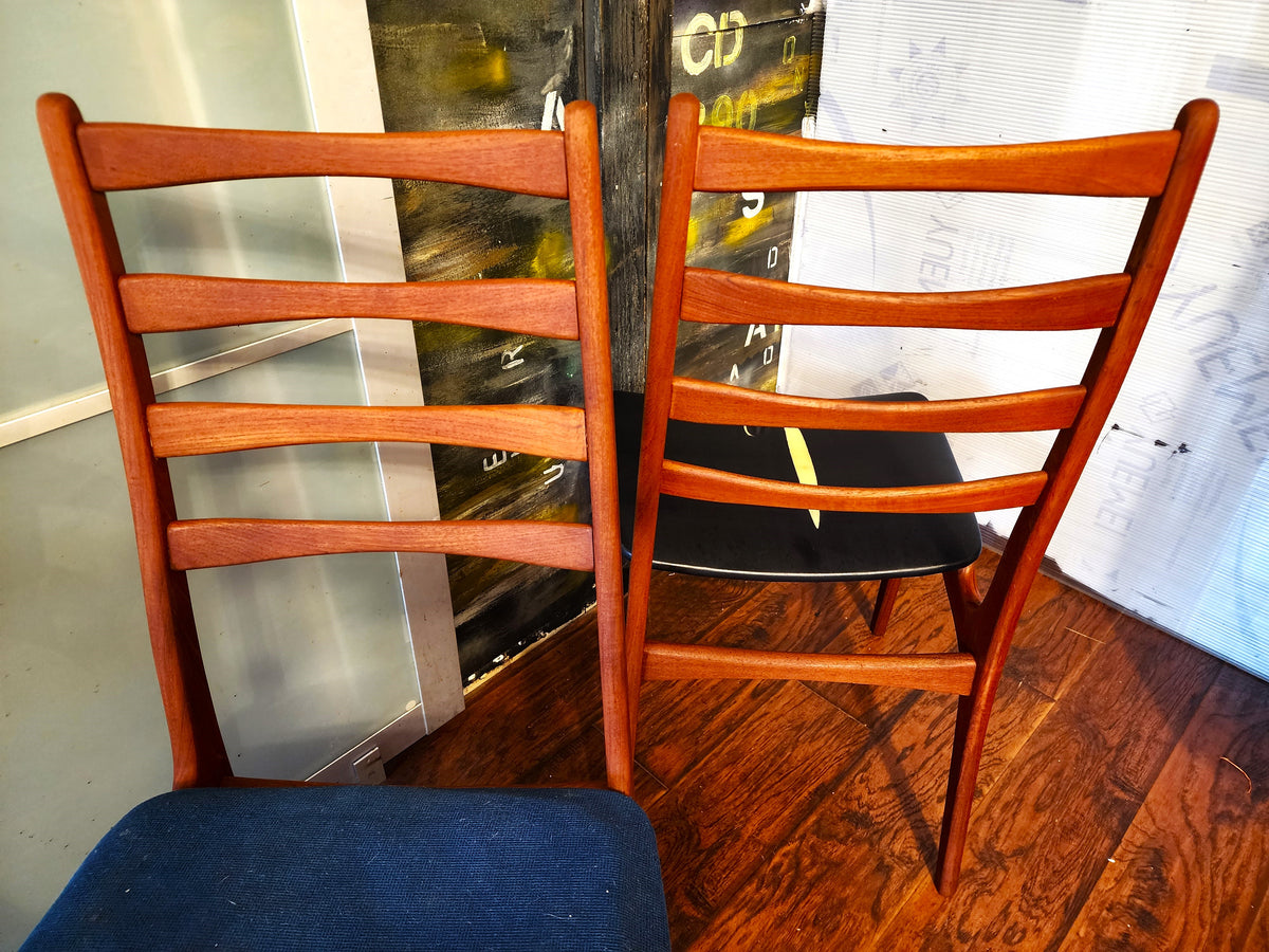 4 REUPHOLSTERED & REFINISHED Danish Mid Century Modern Teak Ladderback Chairs