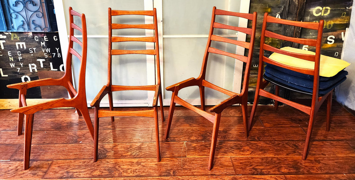 4 REUPHOLSTERED & REFINISHED Danish Mid Century Modern Teak Ladderback Chairs
