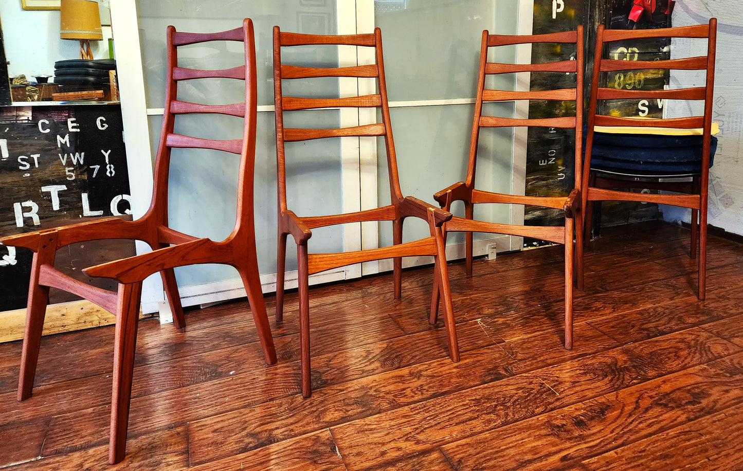 Choose Fabric! 4 REFINISHED Danish Mid Century Modern Teak Ladderback Chairs