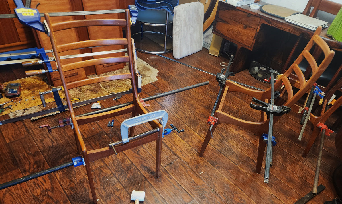 Choose Fabric***6 REFINISHED Mid Century Modern Teak Ladderback Chairs