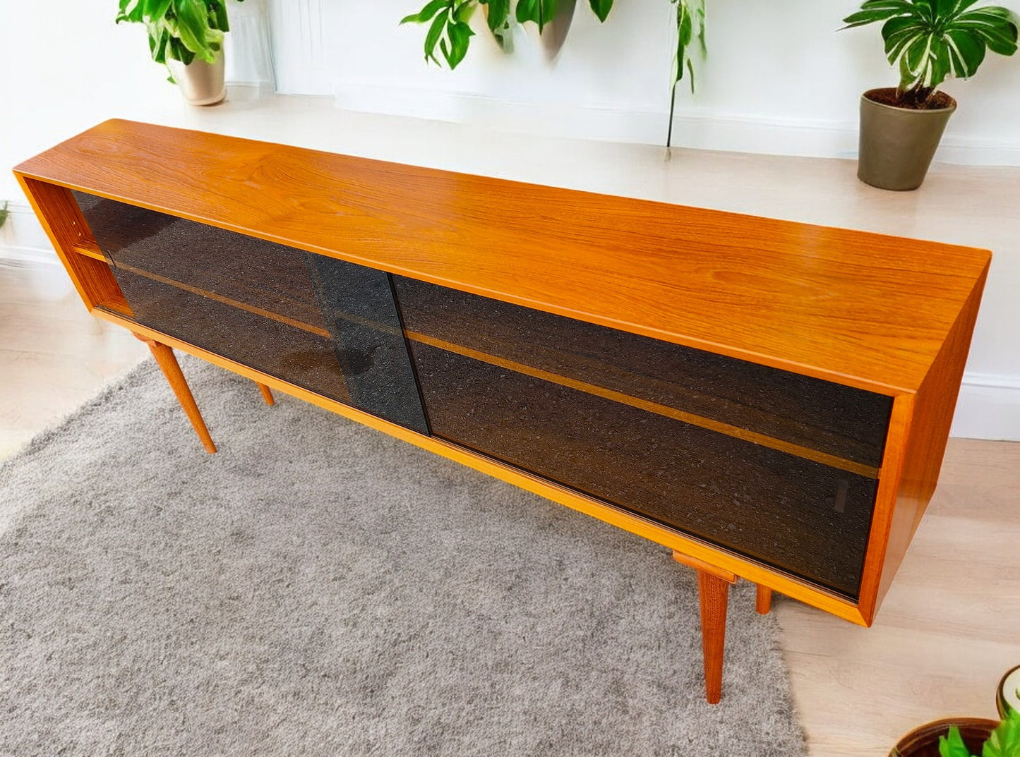 RESTORED Danish Mid Century Modern Teak Display w Finished Back 72.75"