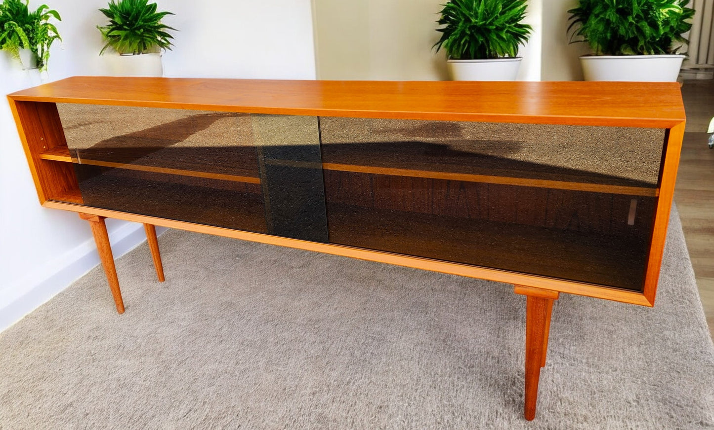 RESTORED Danish Mid Century Modern Teak Display w Finished Back 72.75"