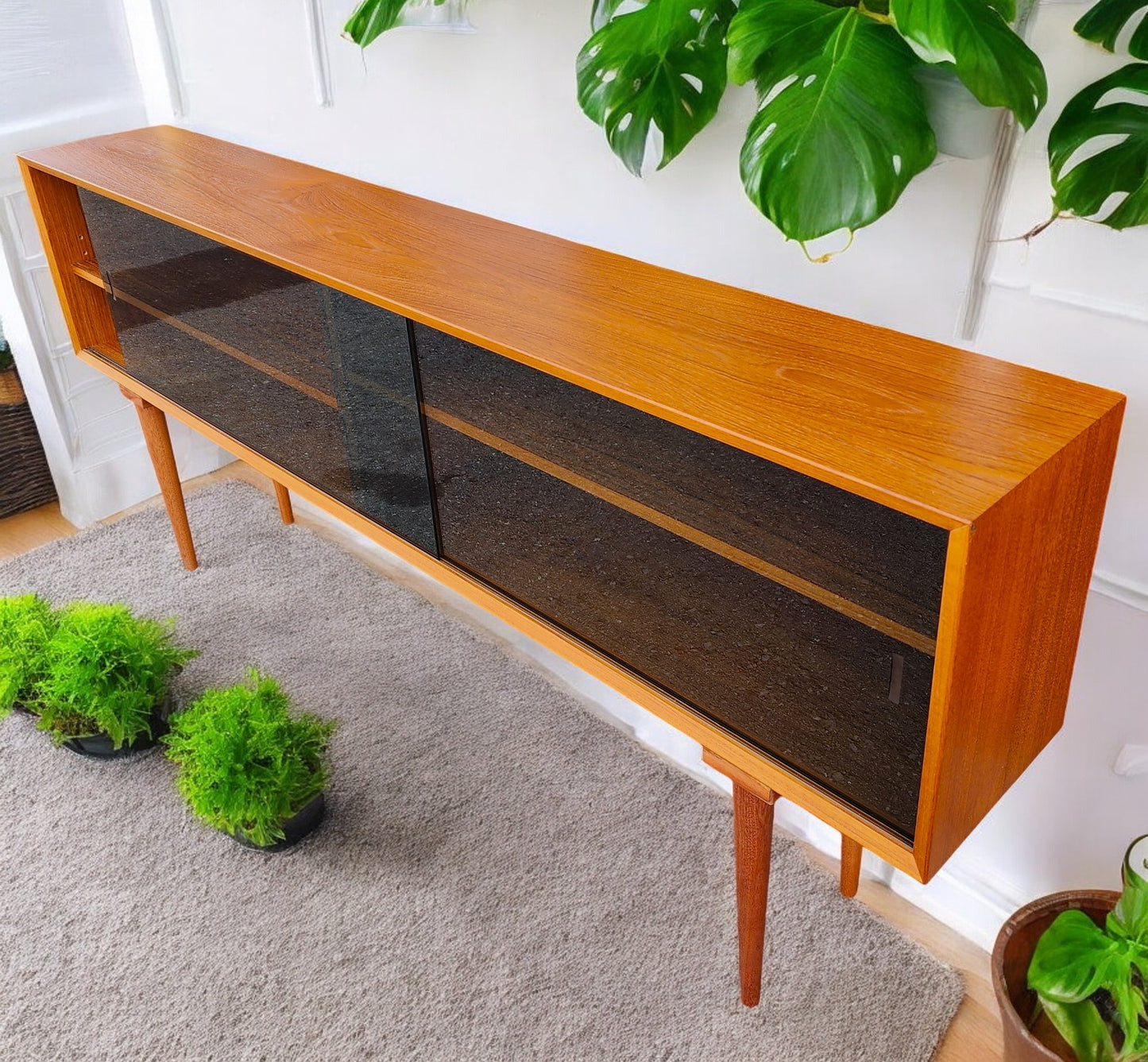 RESTORED Danish Mid Century Modern Teak Display w Finished Back 72.75"