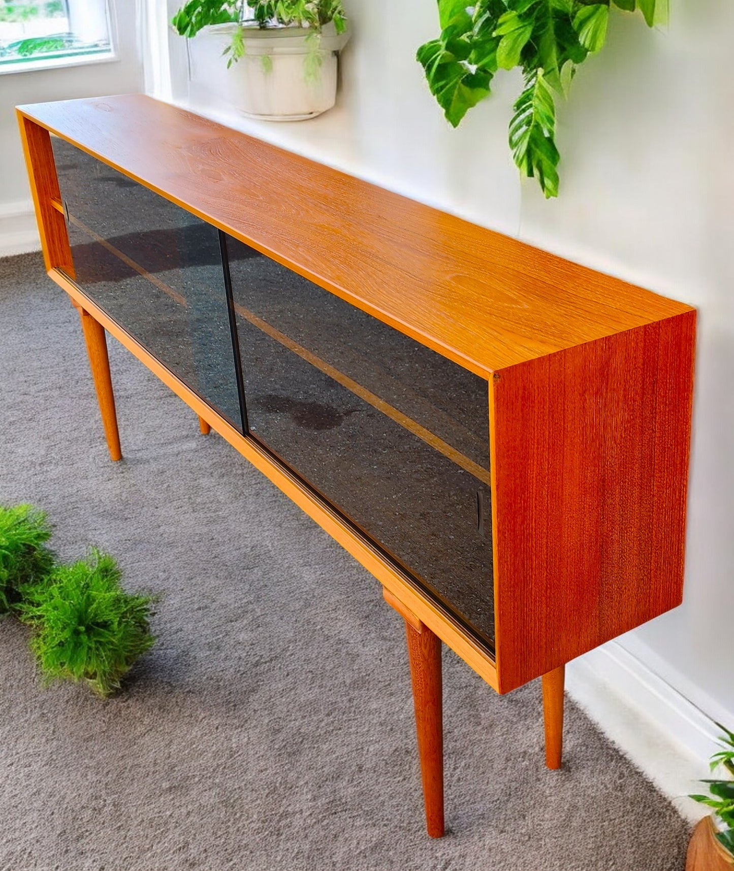 RESTORED Danish Mid Century Modern Teak Display w Finished Back 72.75"