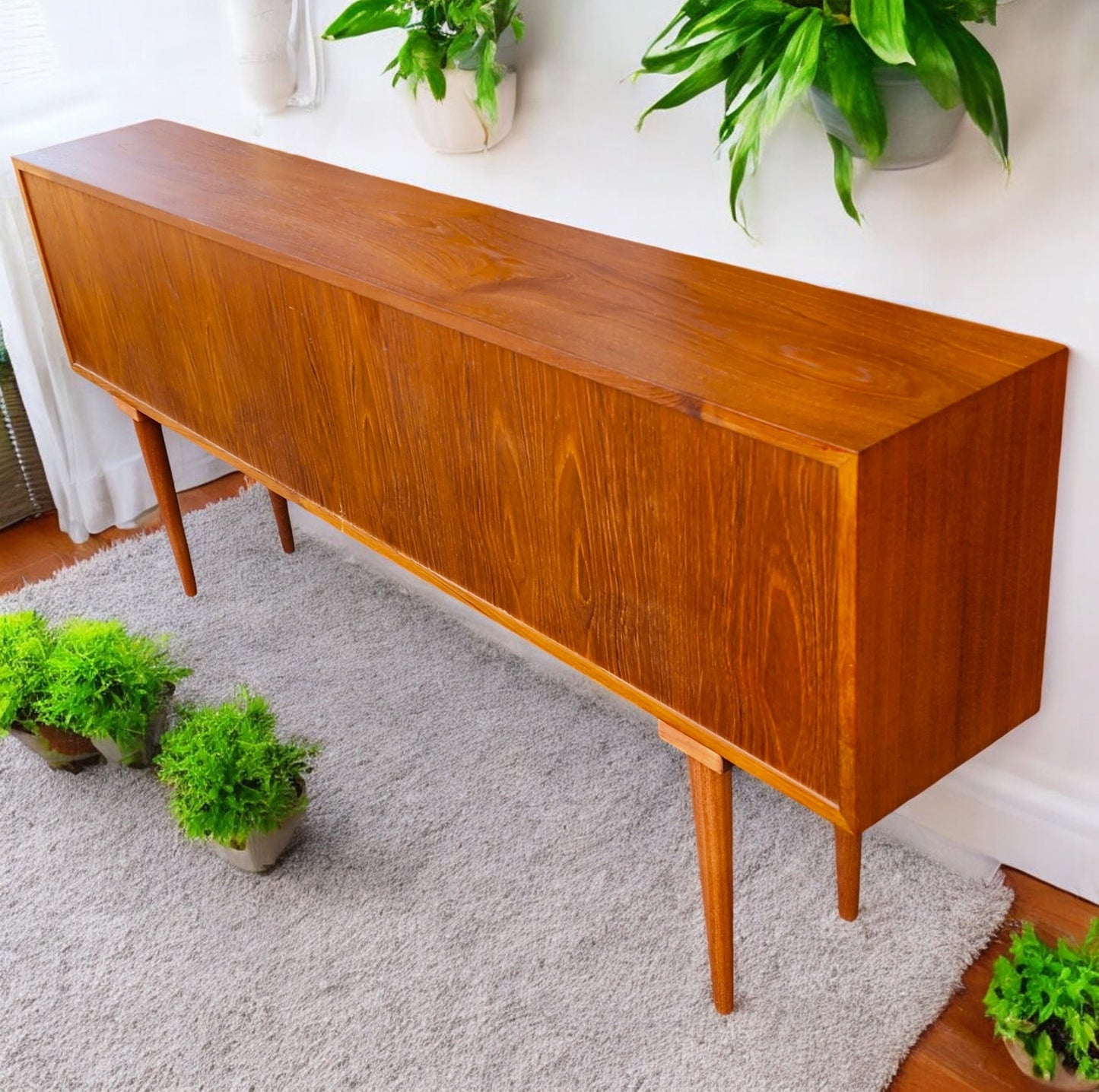 RESTORED Danish Mid Century Modern Teak Display w Finished Back 72.75"