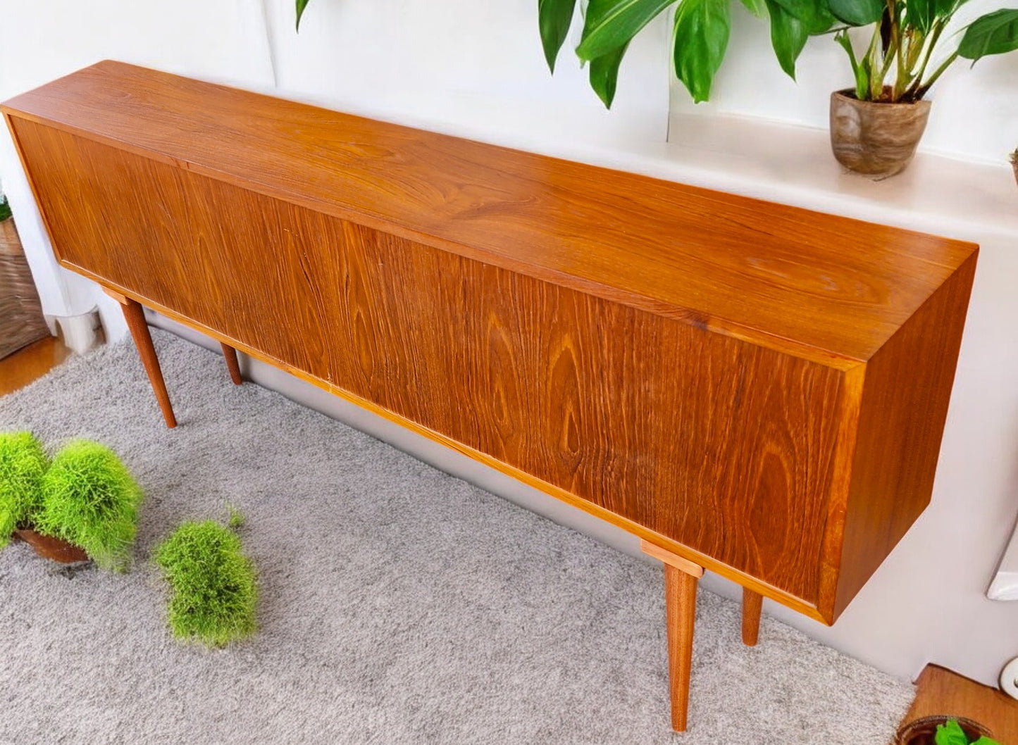 RESTORED Danish Mid Century Modern Teak Display w Finished Back 72.75"