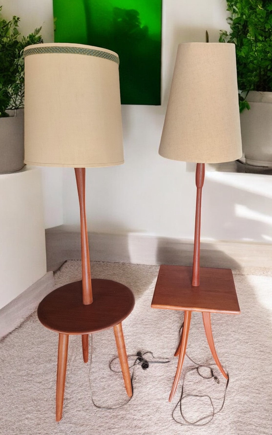 Mid Century Modern Teak Floor Lamp with Built-In Tripod Table, REFINISHED