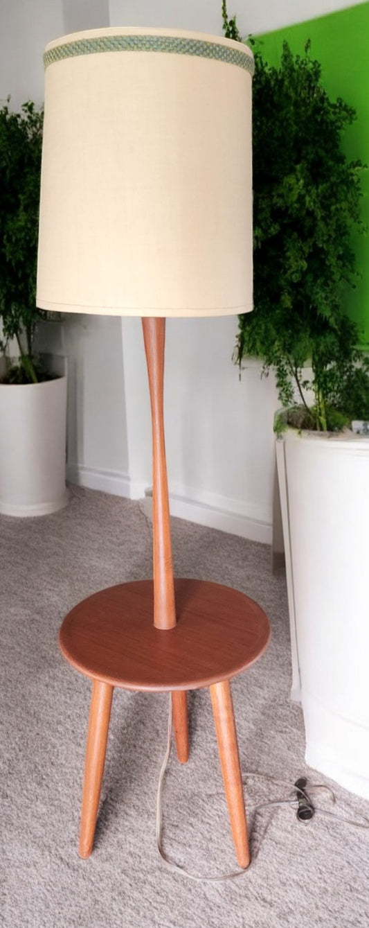 Mid Century Modern Teak Floor Lamp with Built-In Tripod Table, REFINISHED