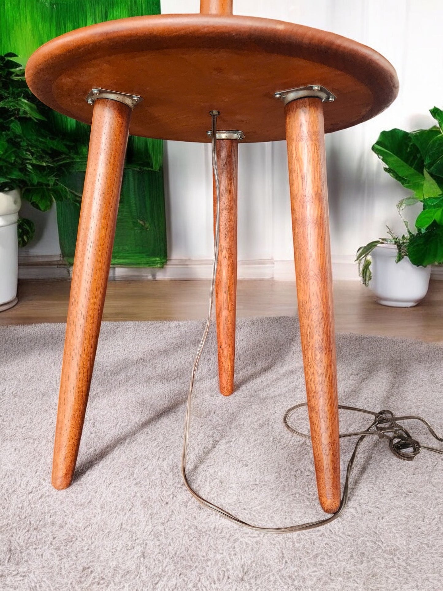 Mid Century Modern Teak Floor Lamp with Built-In Tripod Table, REFINISHED