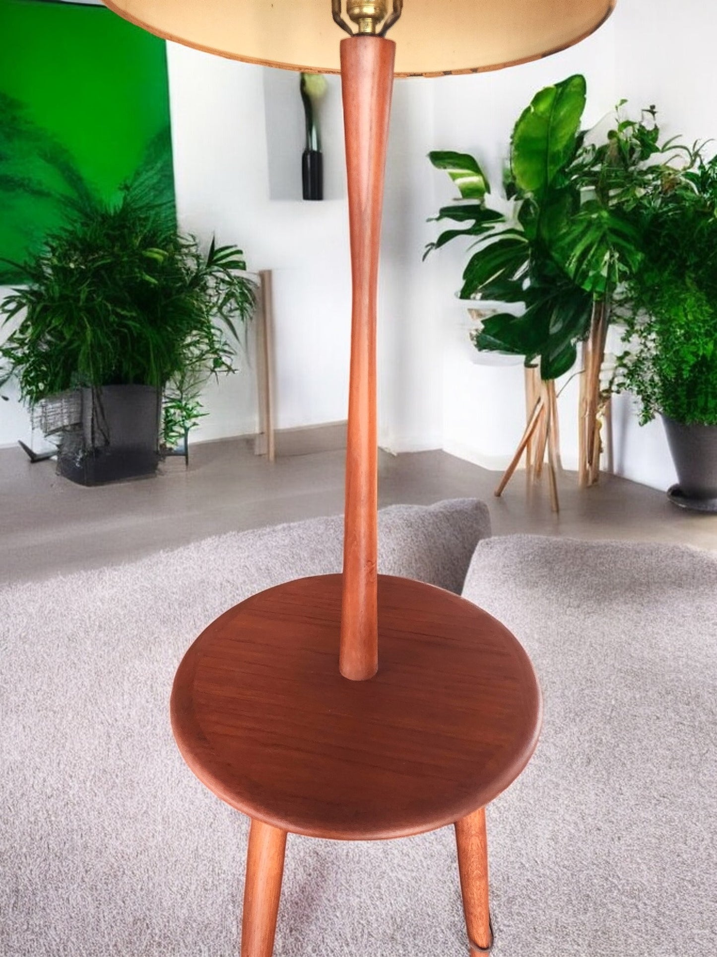 Mid Century Modern Teak Floor Lamp with Built-In Tripod Table, REFINISHED