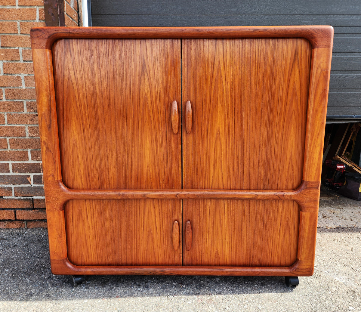 REFINISHED Danish MCM Teak Double Tambour Rolling Cabinet by DYRLUND 41.25
