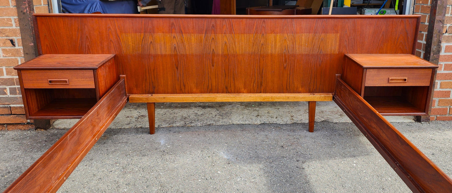 REFINISHED Danish Mid Century Modern Teak Bed w Floating Nightstands Queen