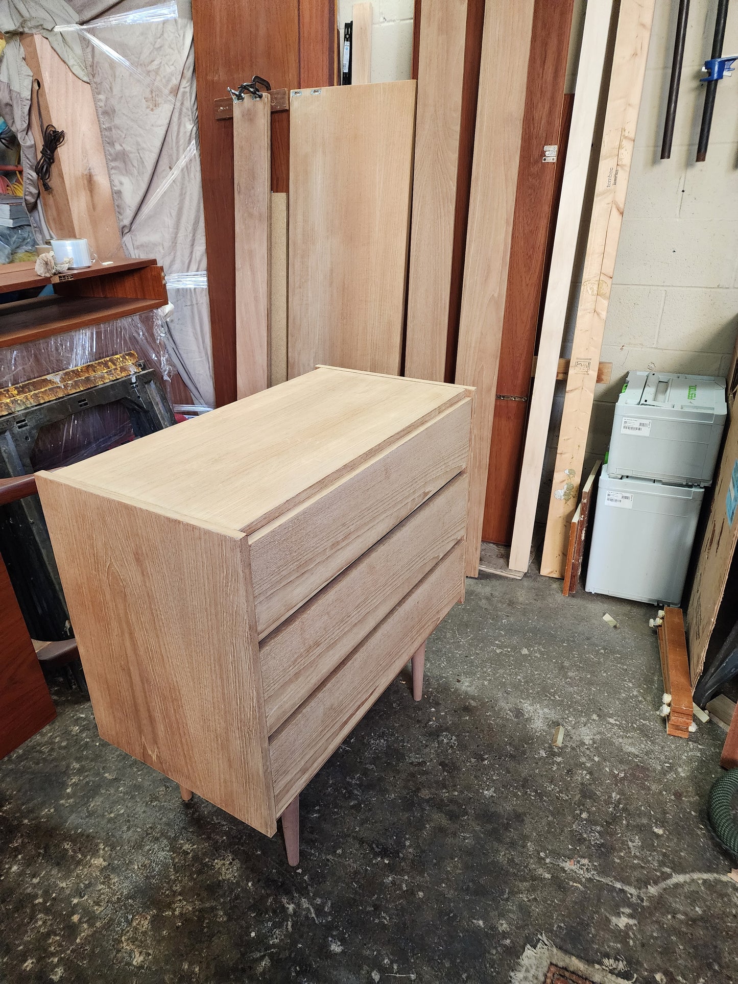 REFINISHED MCM Teak Queen Bed w Storage, Nightstands & 2 dressers by REFF