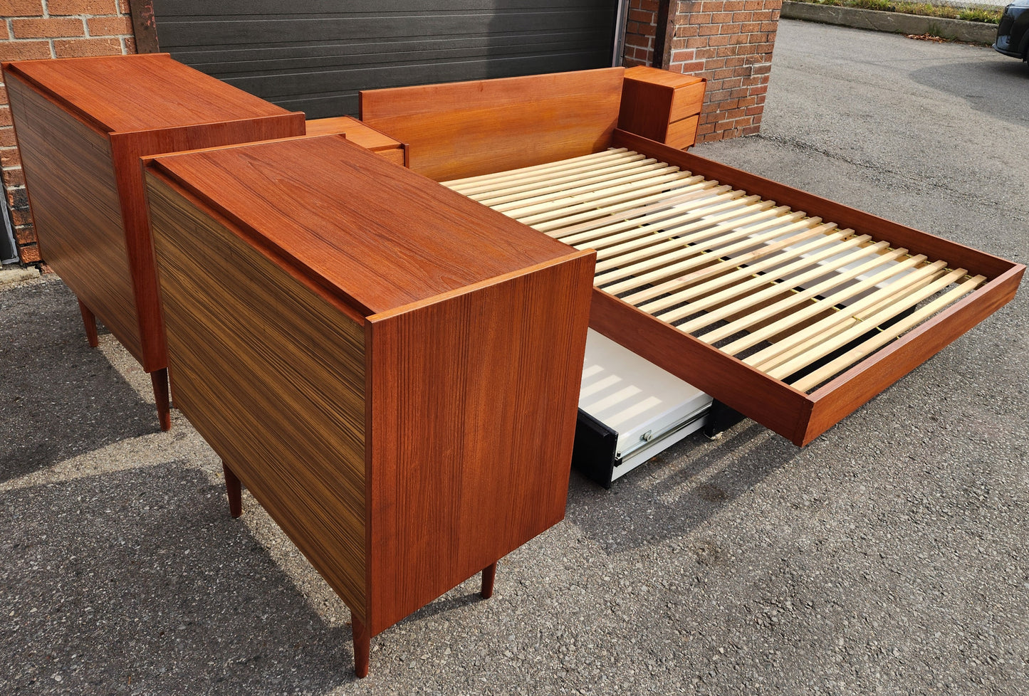 REFINISHED MCM Teak Queen Bed w Storage, Nightstands & 2 dressers by REFF