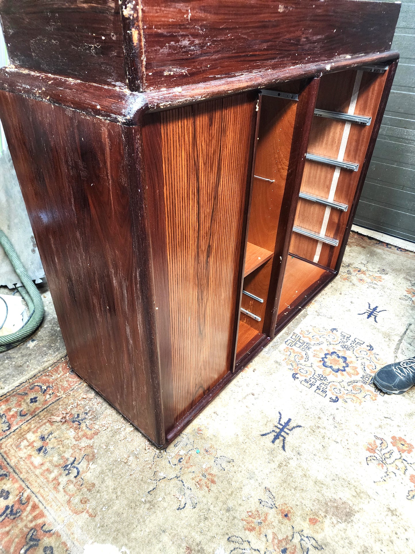 RESTORED Danish Mid Century Modern Rosewood Tambour Cabinet 51" w Finished Back