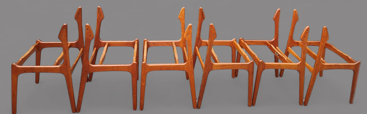 6 RESTORED will be REUPHOLSTERED Danish MCM teak chairs by Erik Buch #49