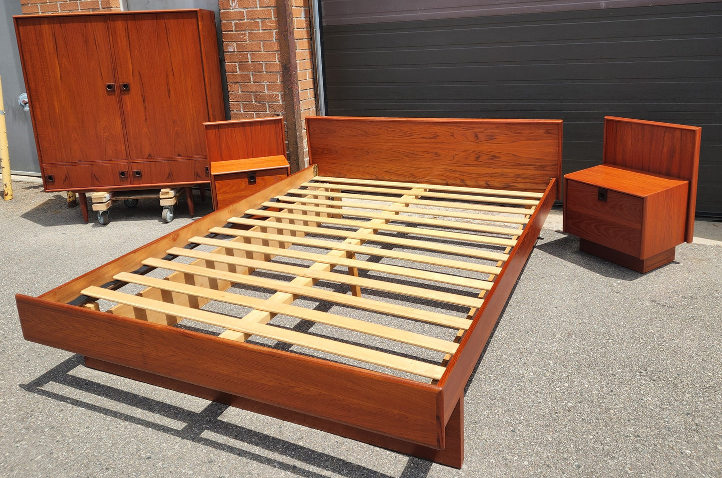 REFINISHED Mid Century Modern Teak Queen Bed w Nightstands, Dresser & Wardrobe