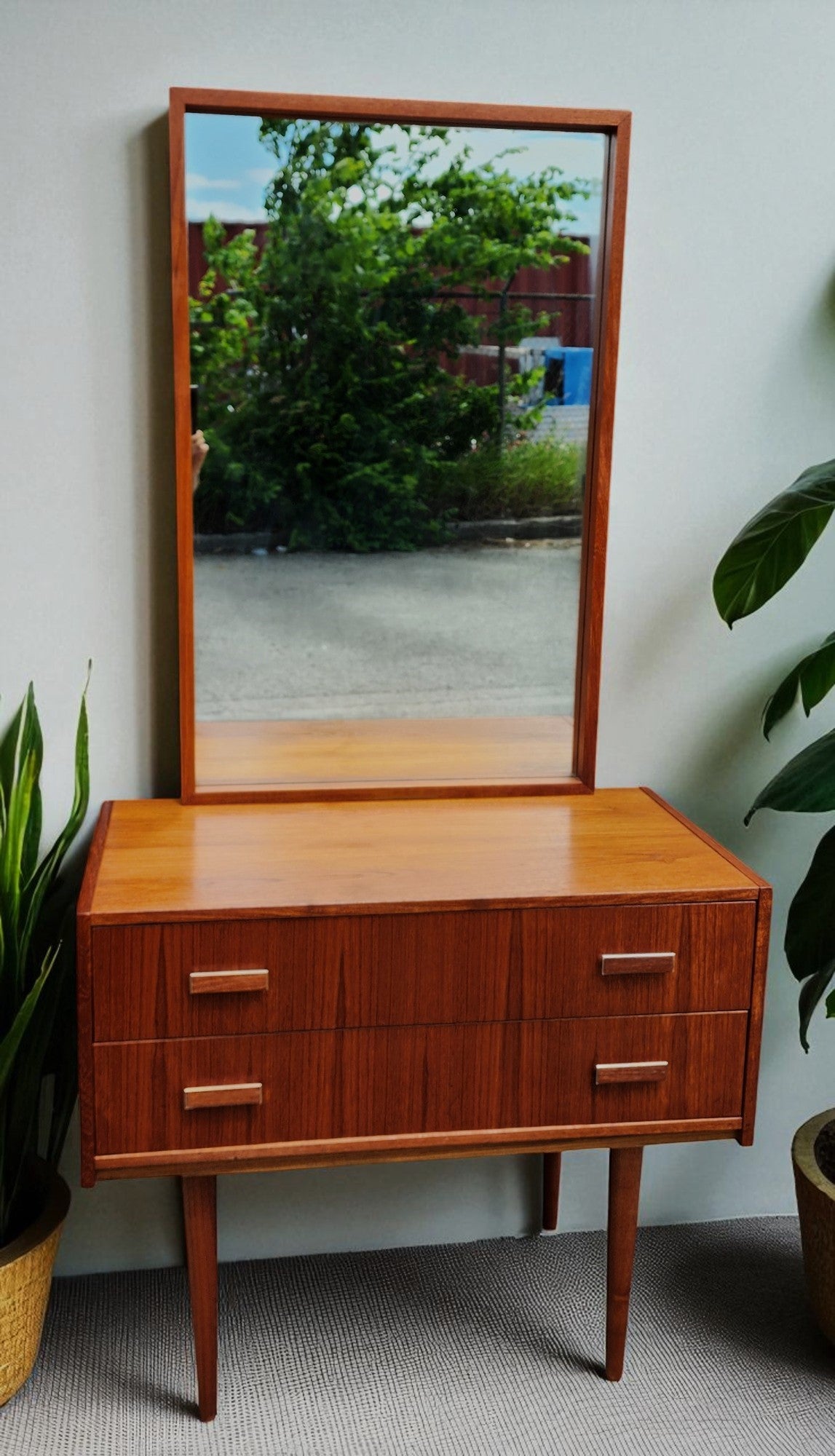 REFINISHED Danish Mid Century Modern Teak Cabinet w 2 Drawers & Mirror