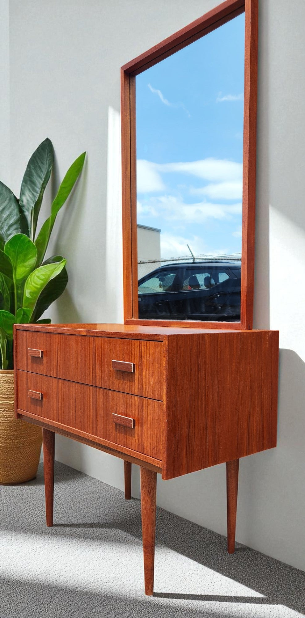 REFINISHED Danish Mid Century Modern Teak Cabinet w 2 Drawers & Mirror