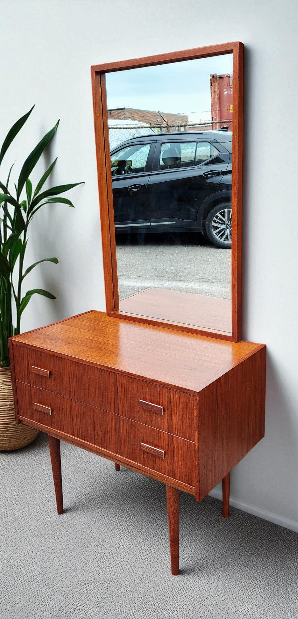 REFINISHED Danish Mid Century Modern Teak Cabinet w 2 Drawers & Mirror