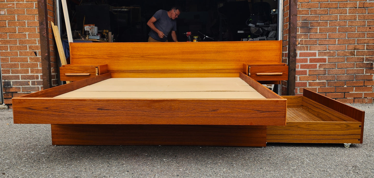 REFINISHED MCM Teak Queen Bed w Floating Nightstands & Storage Drawer