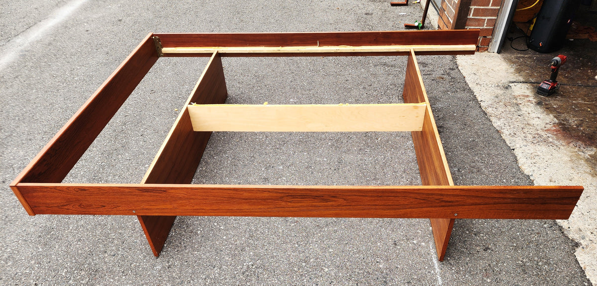 REFINISHED MCM Teak Queen Bed w Floating Nightstands & Storage Drawer